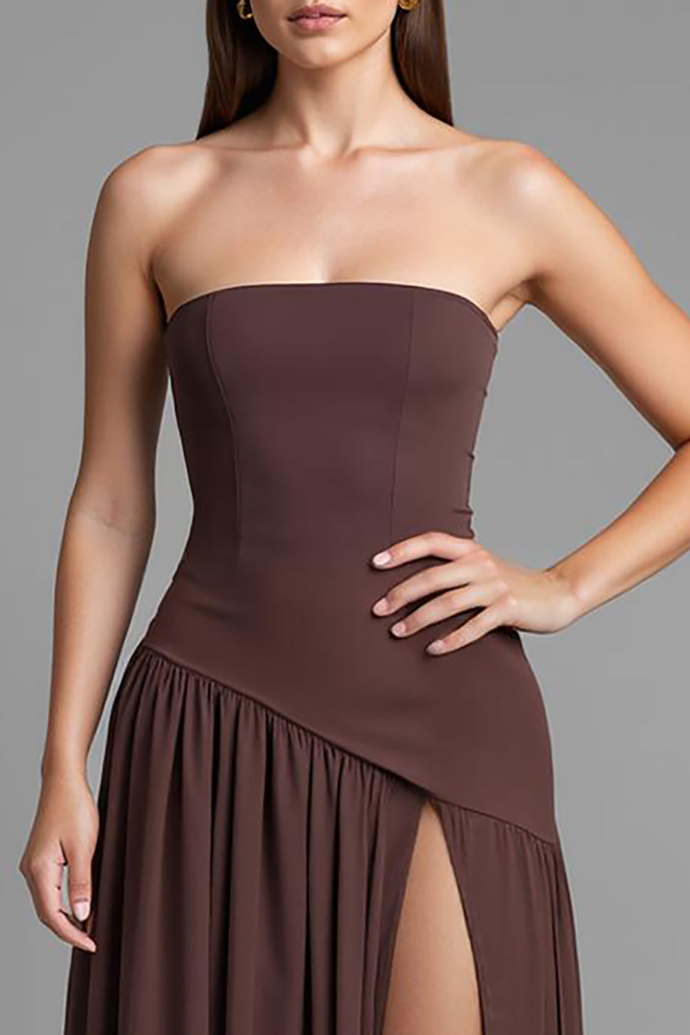 Coffee Strapless A-Line Cotton Ruched Evening Dress with Slit