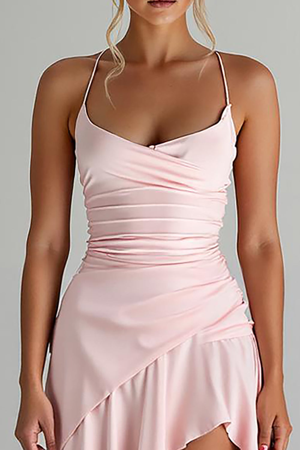 Ruffled High-Low Spaghetti Straps Light Pink Chiffon Evening Dress