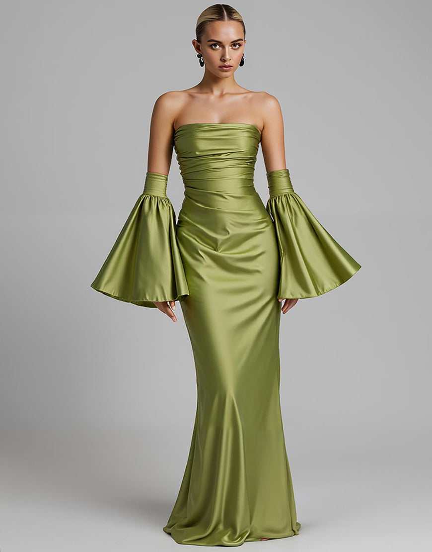 Robe de soirée sirène turquoise drapée à manches bouffantes et bustier sans bretelles