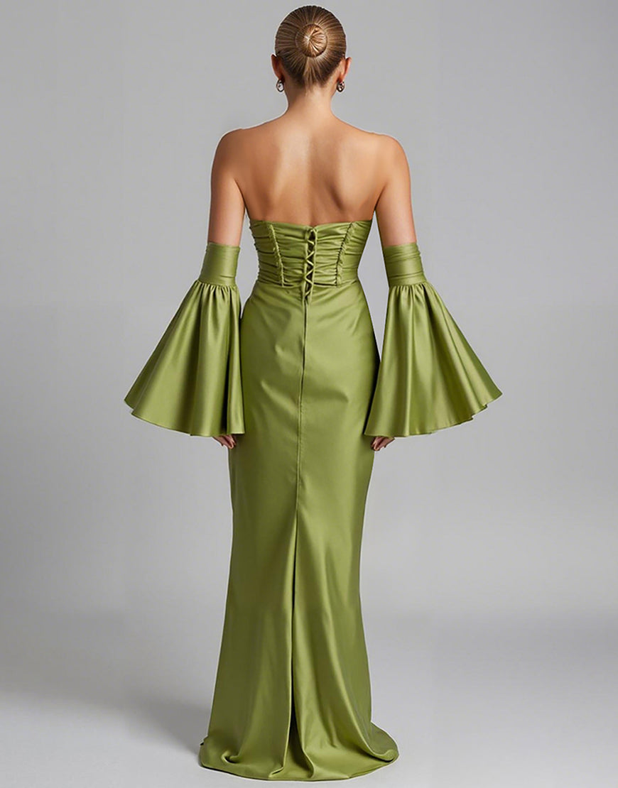 Robe de soirée sirène turquoise drapée à manches bouffantes et bustier sans bretelles