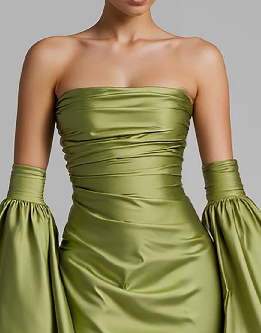 Robe de soirée sirène turquoise drapée à manches bouffantes et bustier sans bretelles