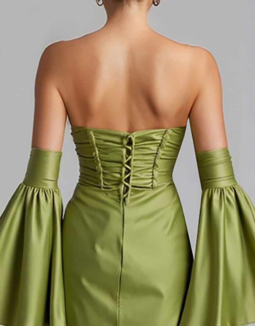 Robe de soirée sirène turquoise drapée à manches bouffantes et bustier sans bretelles