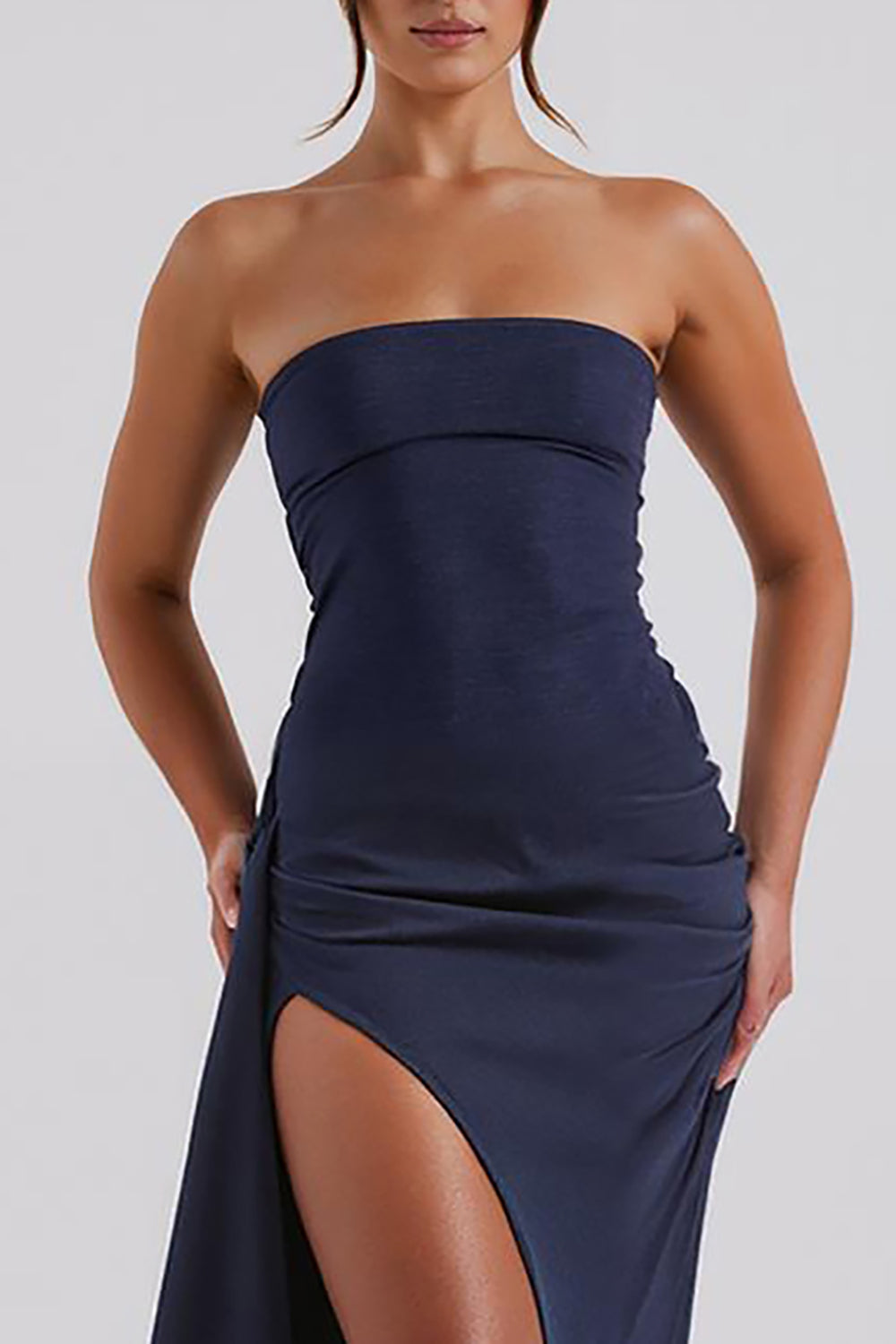 Simple Strapless Sheath Dark Blue Evening Dress with Slit