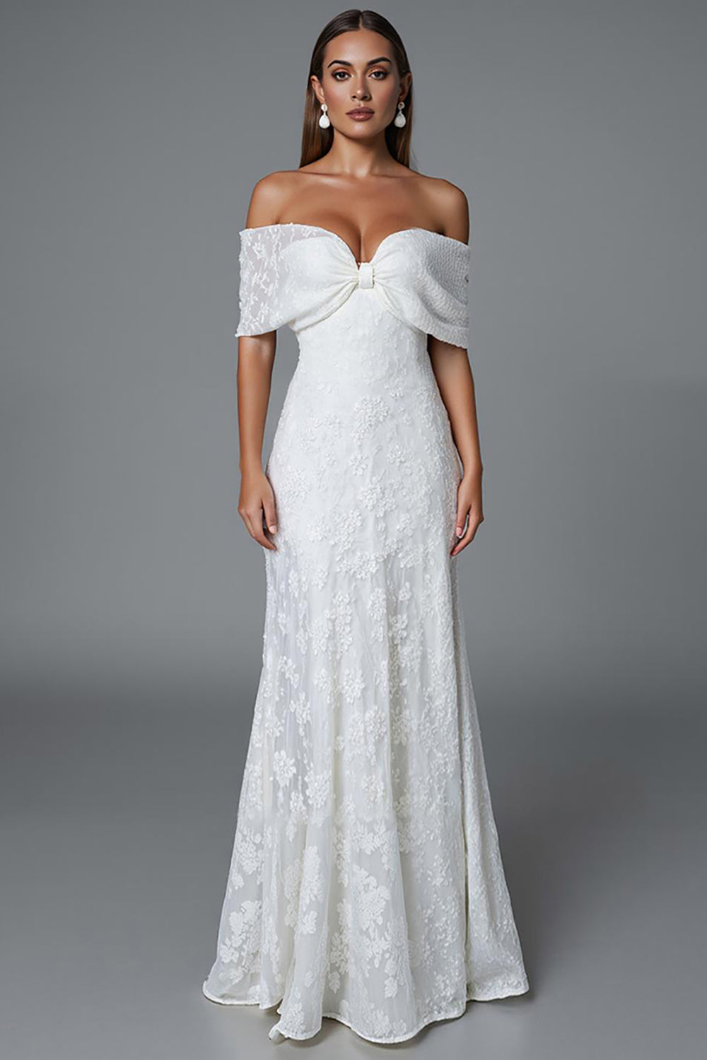 Ivory Mermaid Off-The-Shoulder Evening Dress with Lace