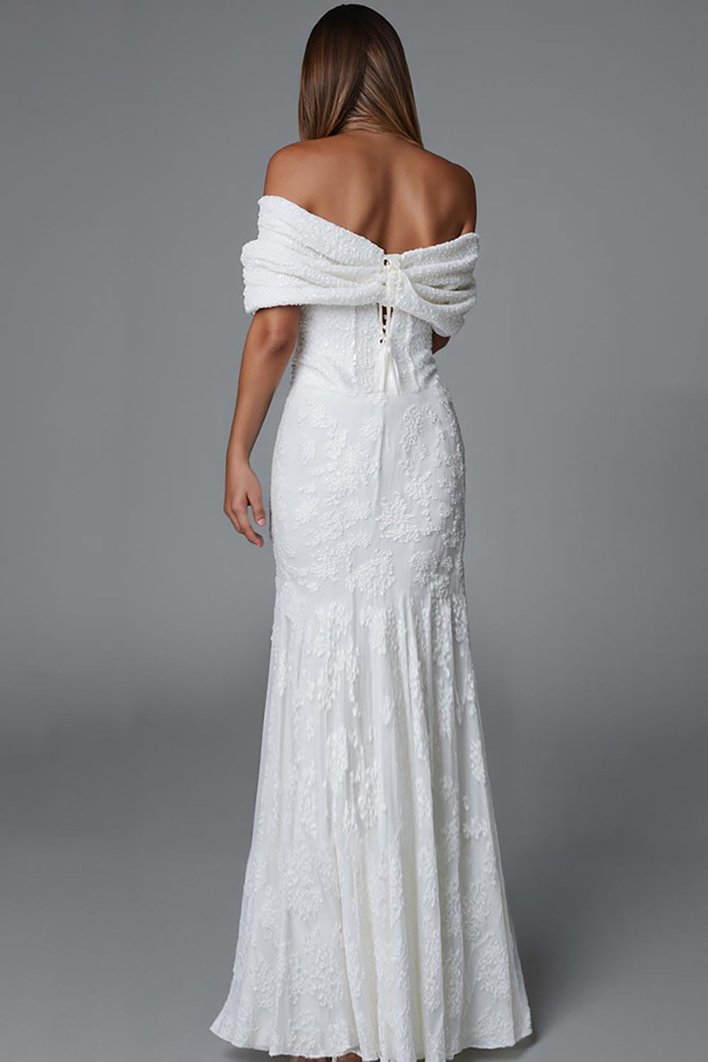 Ivory Mermaid Off-The-Shoulder Evening Dress with Lace