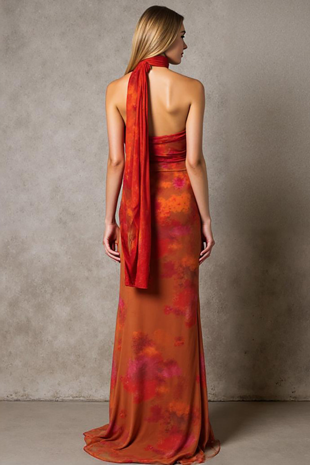 Robe de soirée longue fourreau sans bretelles en Cabernet imprimé avec ceinture