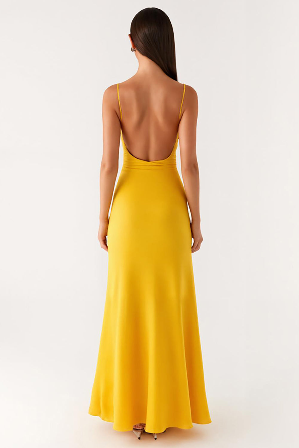 Sheath Yellow Satin Spaghetti Straps Evening Dress