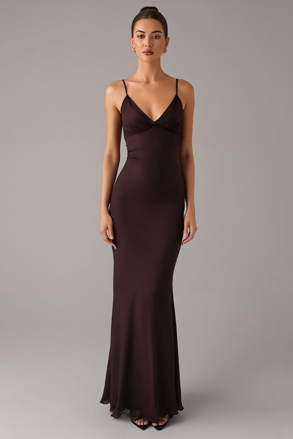 Robe de soirée à fines bretelles "Sirène" marron