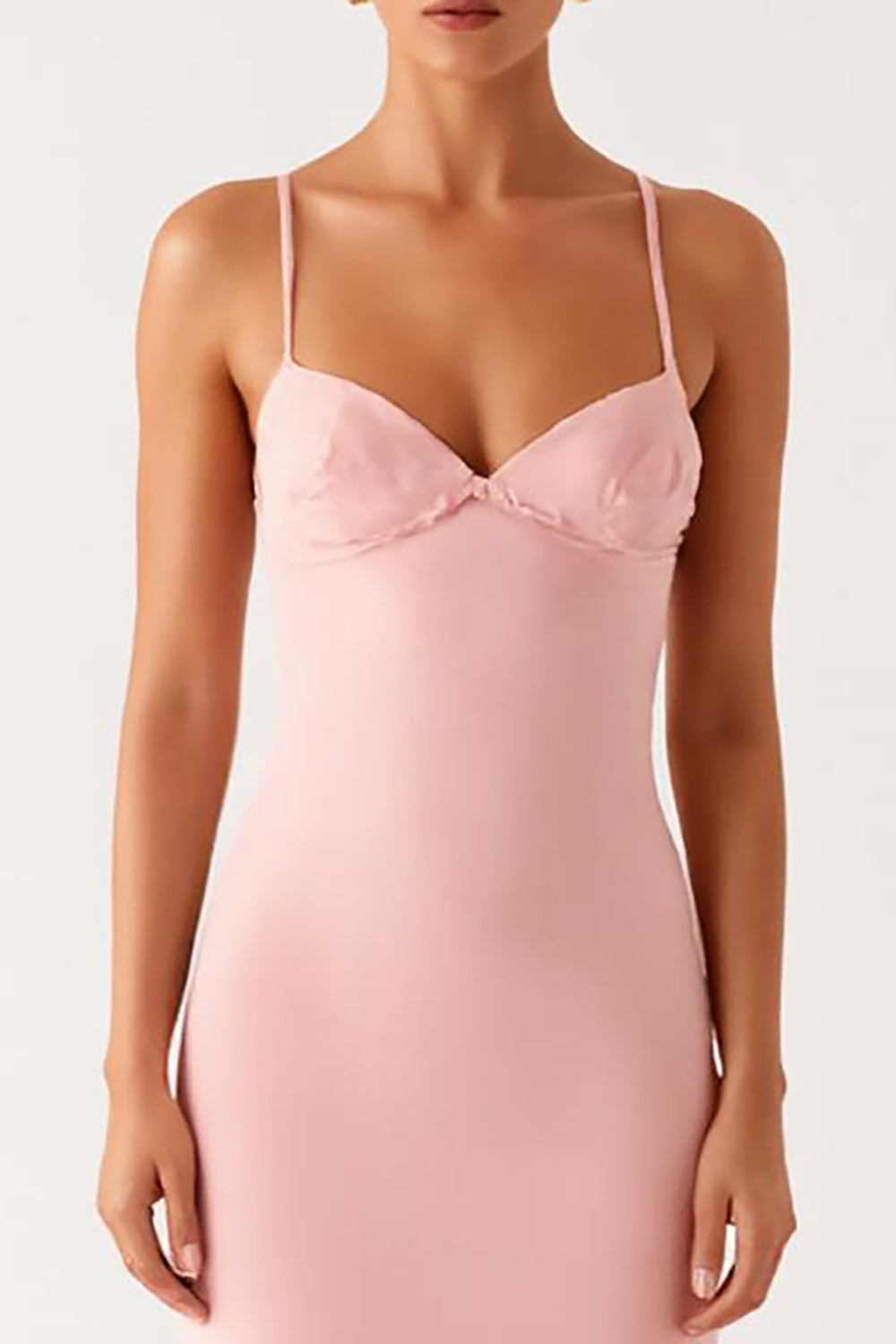 Robe de soirée fourreau rose en mousseline avec fines bretelles