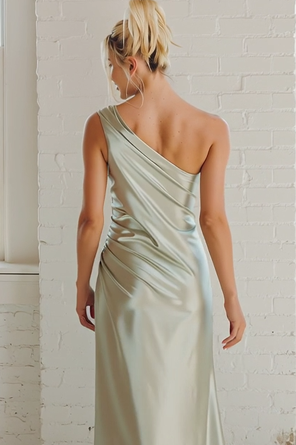 Dusty Sage Sheath Satin One Shoulder Ruched Long Bridesmaid Dress