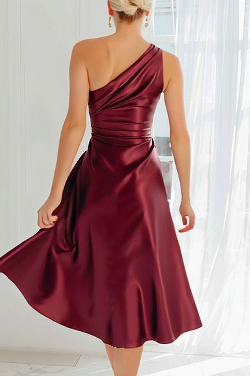 Cabernet A Line Satin One Shoulder Ruched Midi Bridesmaid Dress