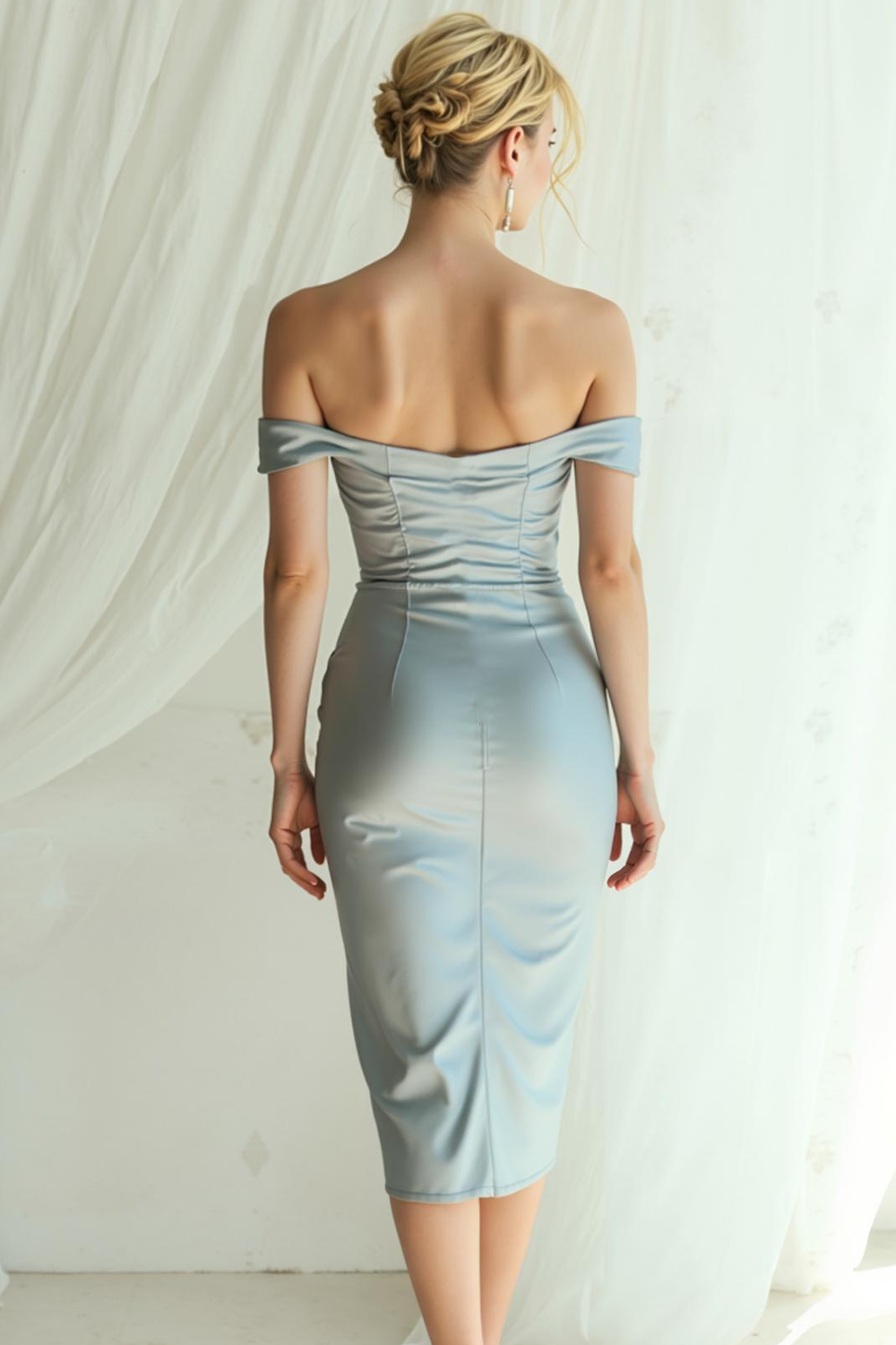 Off The Shoulder Bodycon Dusty Blue Midi Cocktail Dress