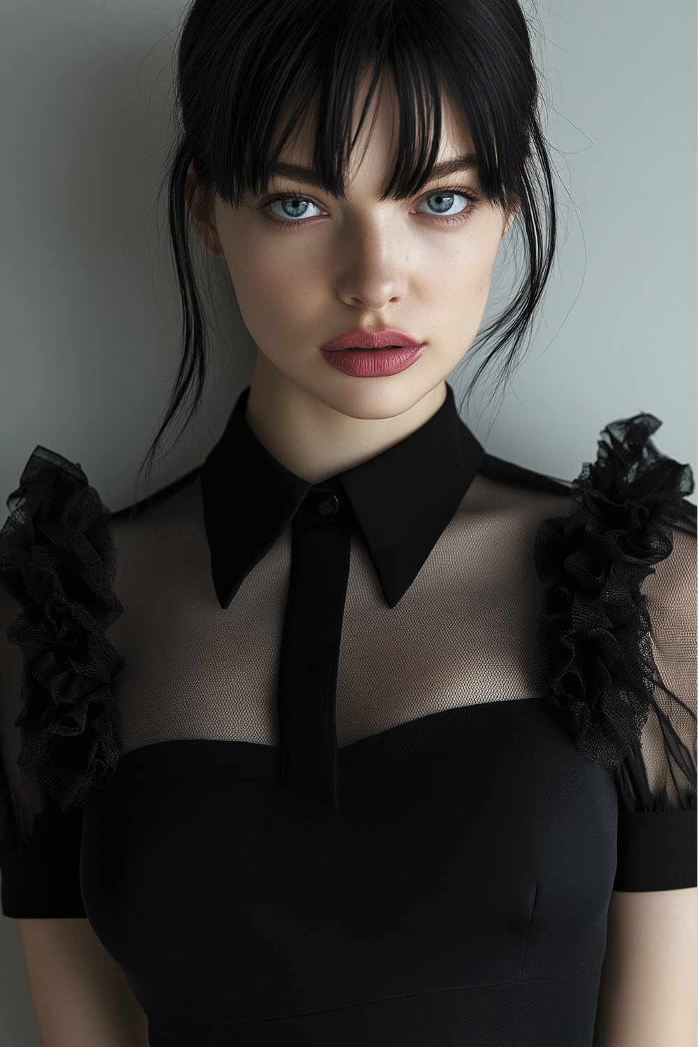 Robe de cocktail noire en tulle coupe évasée à col montant