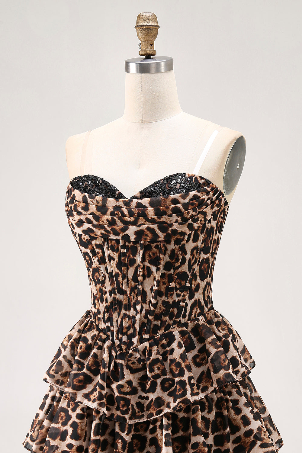 Brown Leopard A-Line Sweetheart Corset Tiered Ruffle Cocktail Dress