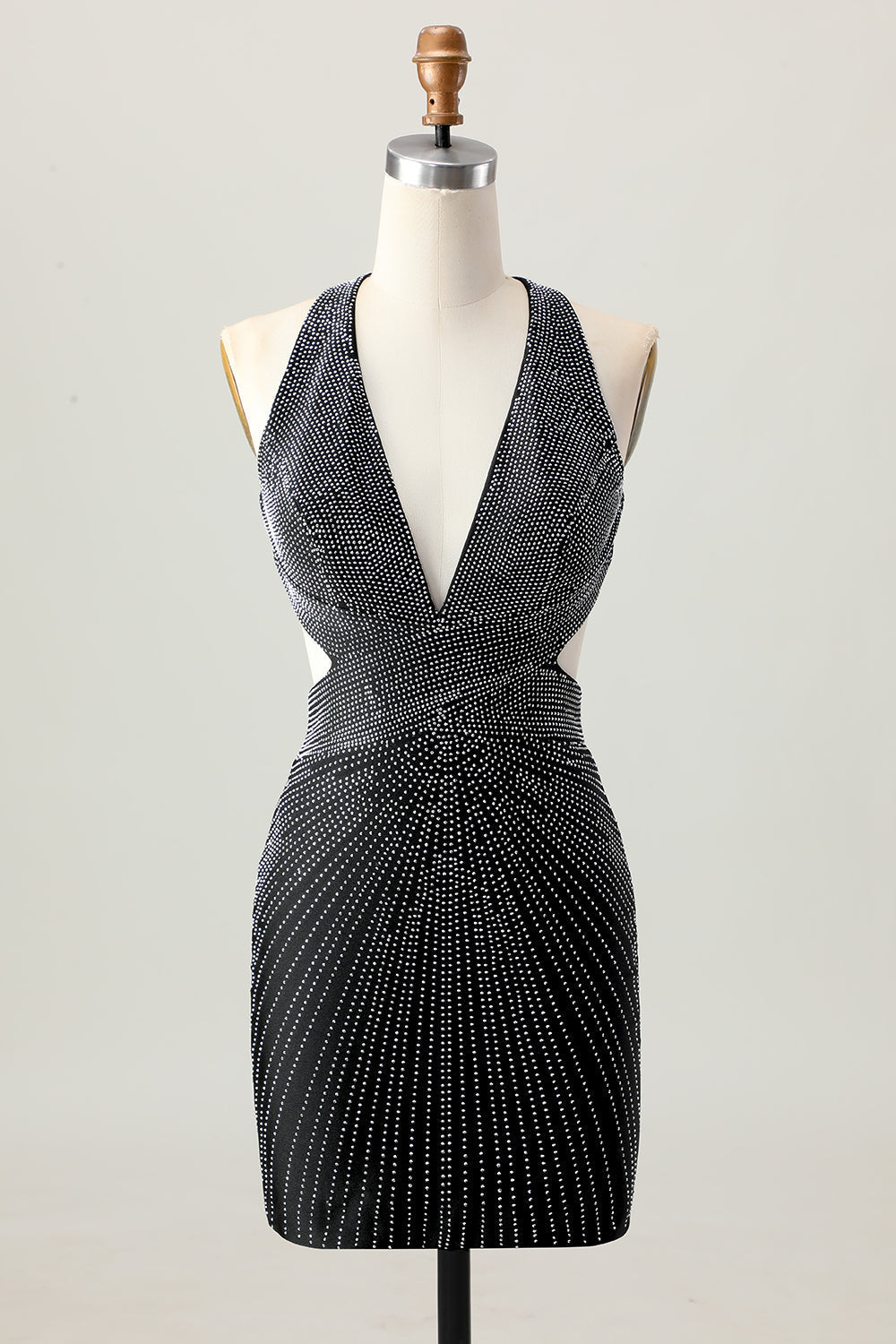 Black Bodycon V-Neck Beaded Cocktail Dress