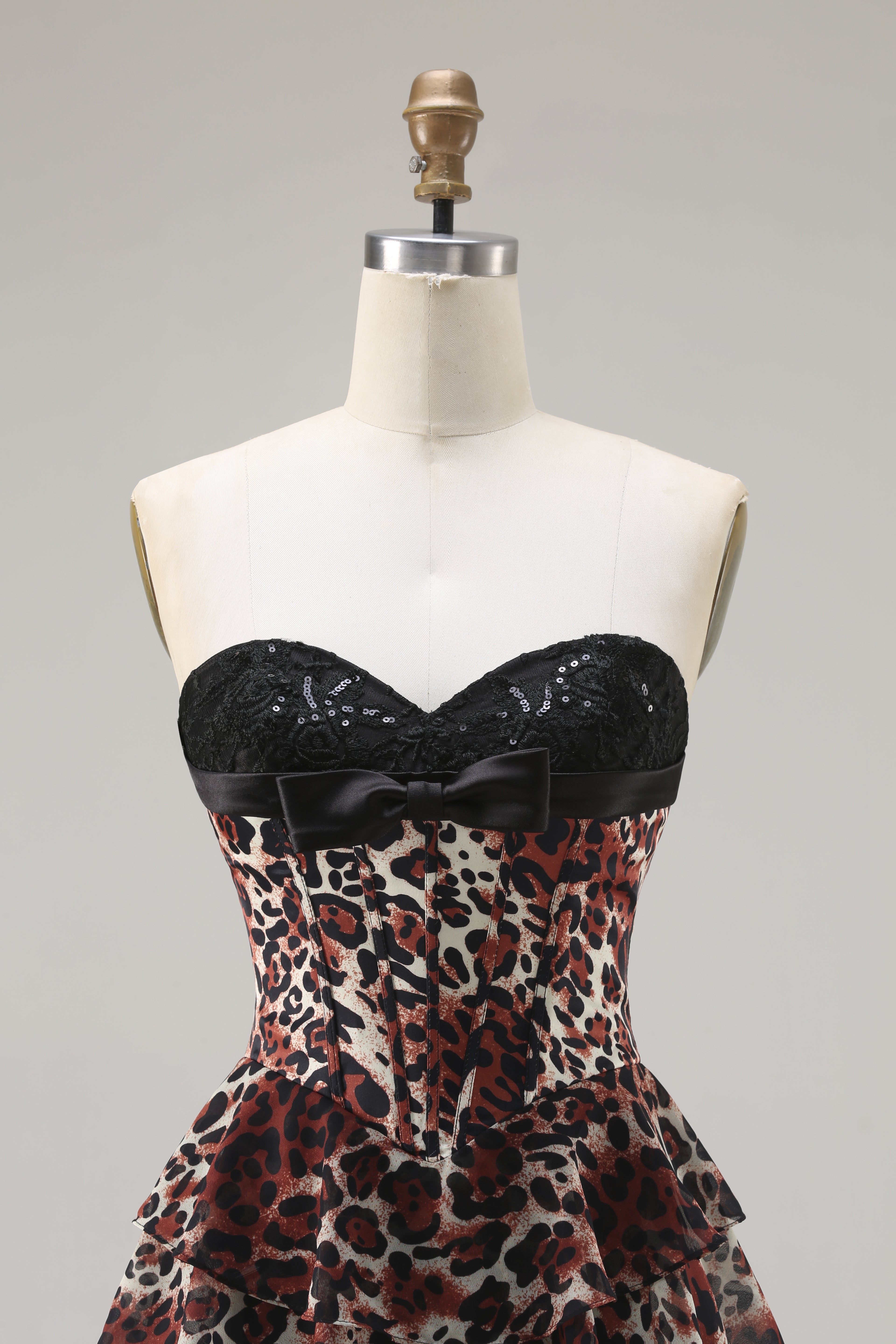 Brown Leopard A-Line Sweetheart Corset Tiered Long Prom Dress with Ruffles