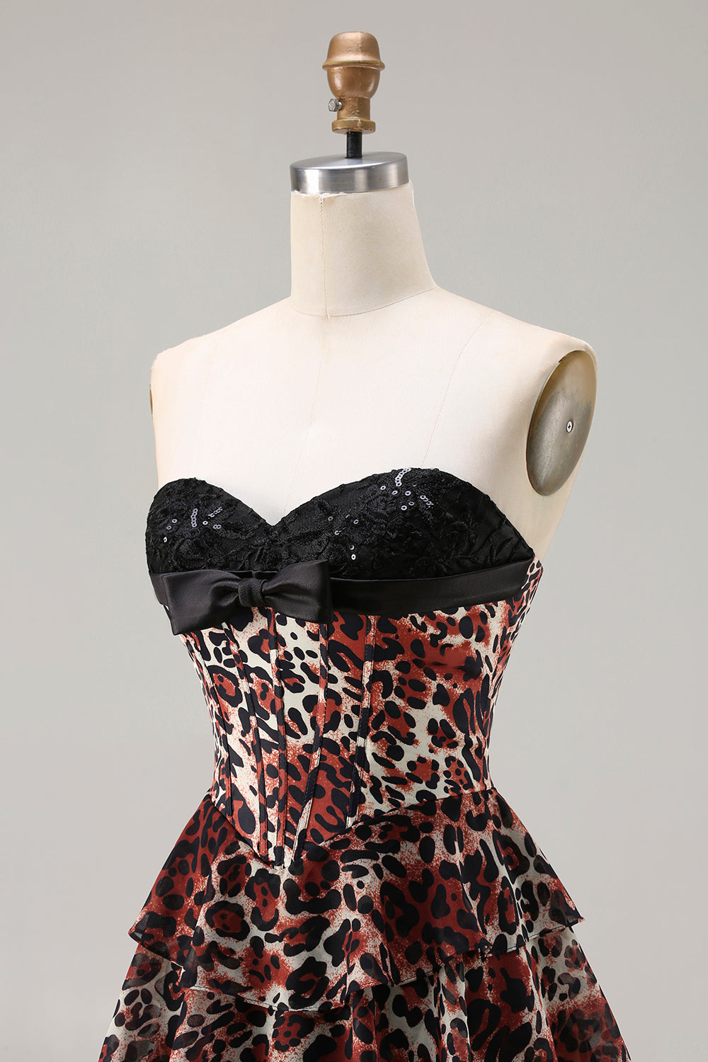 Brown Leopard A-Line Sweetheart Corset Tiered Long Prom Dress with Ruffles