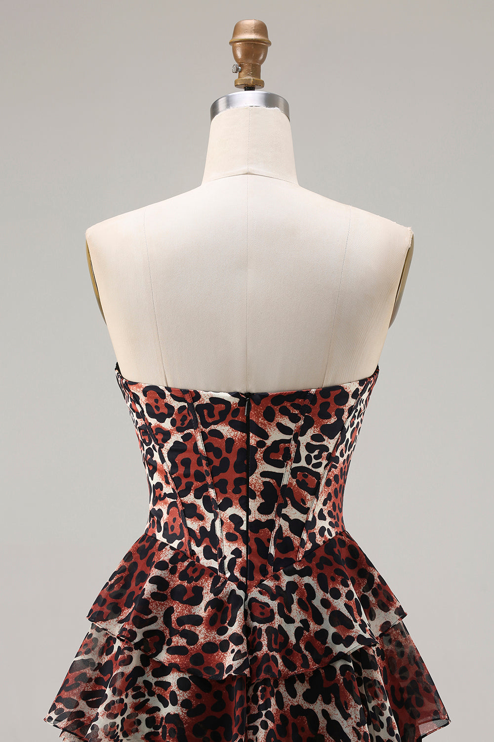 Brown Leopard A-Line Sweetheart Corset Tiered Long Prom Dress with Ruffles