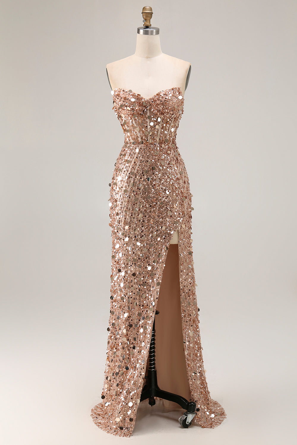 Strapless Sequin Corset Mermaid Long Prom Dress with High Slit – Glamorous Twin Look