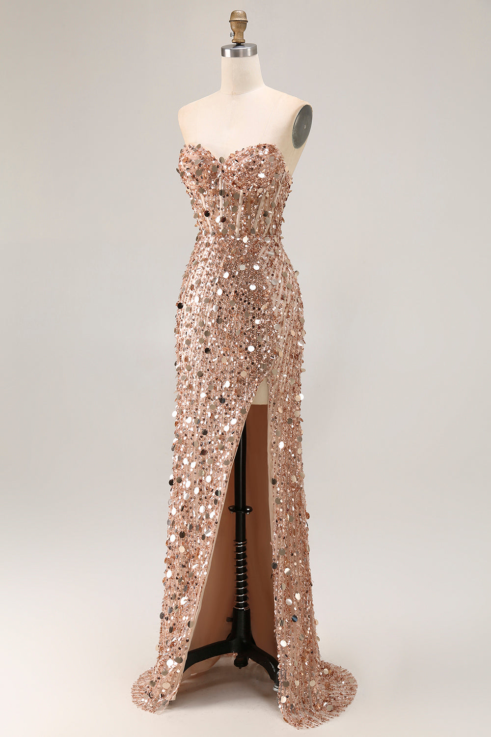 Strapless Sequin Corset Mermaid Long Prom Dress with High Slit – Glamorous Twin Look