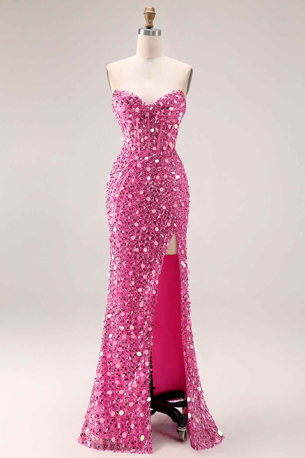 Strapless Sequin Corset Mermaid Long Prom Dress with High Slit – Glamorous Twin Look
