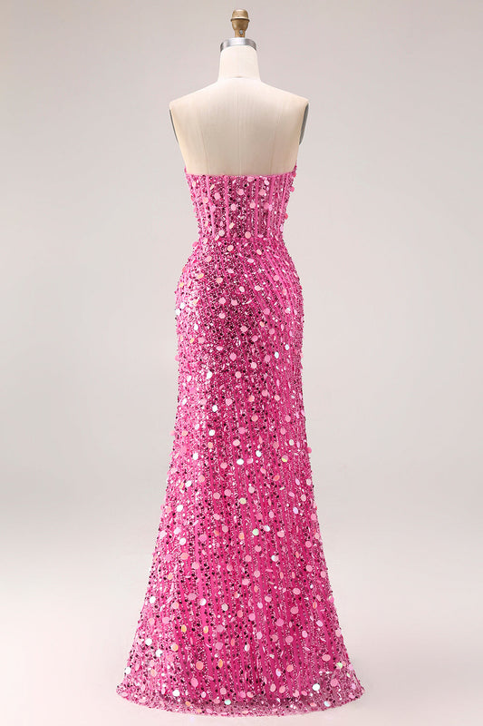 Sparkly Sheath Strapless Corset Long Pink Prom Dress with Slit