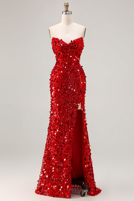 Sparkly Red Strapless Sheath Sequins Corset Long Prom Dress with Slit