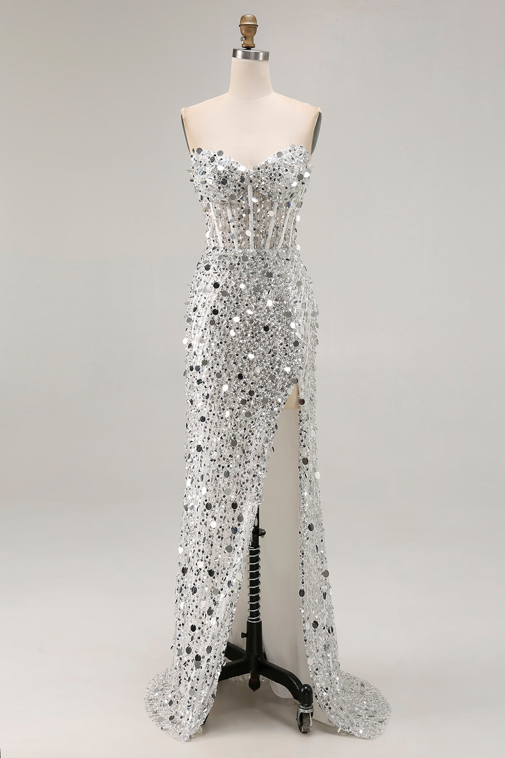 Strapless Sequin Corset Mermaid Long Prom Dress with High Slit – Glamorous Twin Look