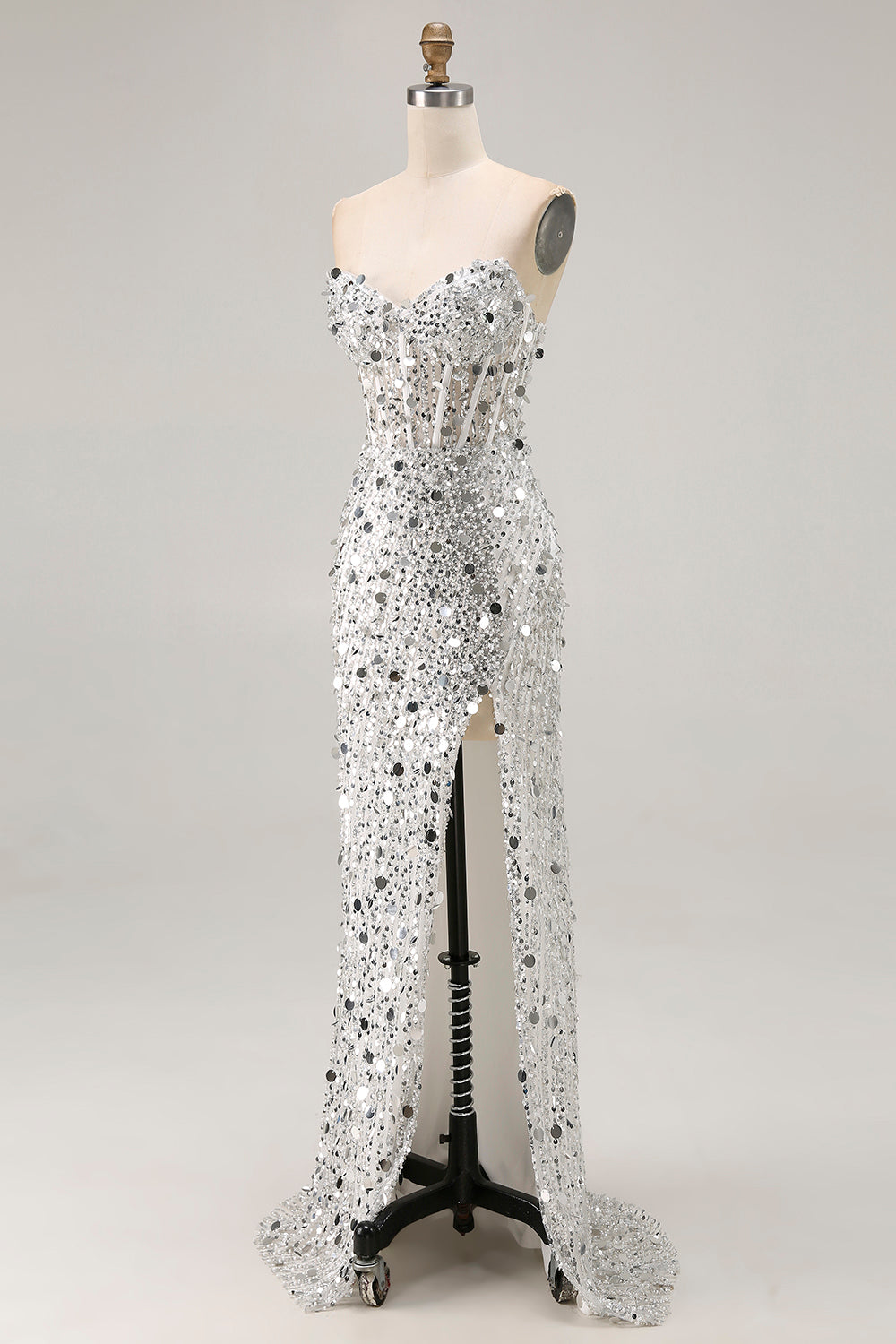 Strapless Sequin Corset Mermaid Long Prom Dress with High Slit – Glamorous Twin Look