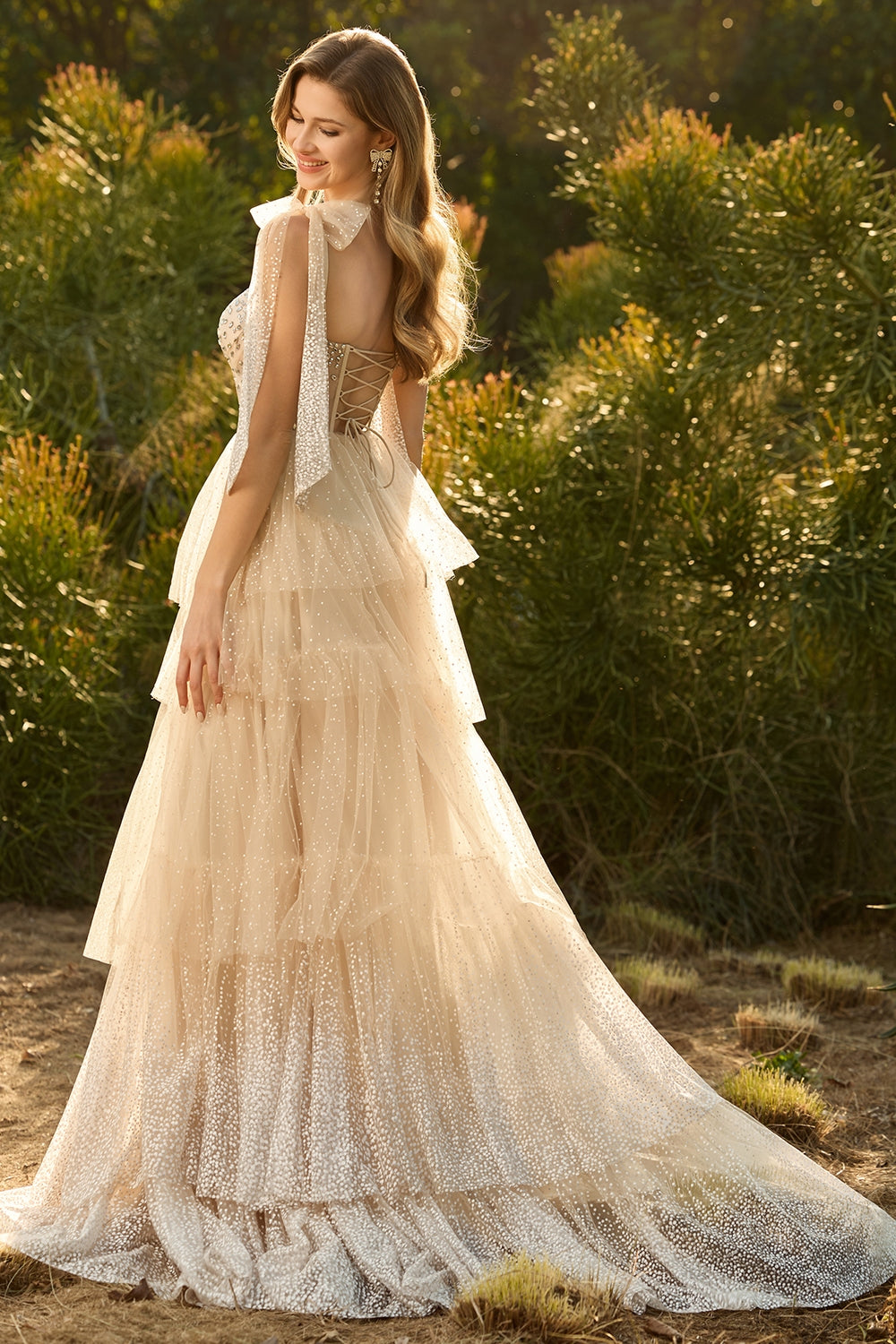 Champagne Corset A-Line Ruffled Beaded Long Prom Dress with Lace-Up Back