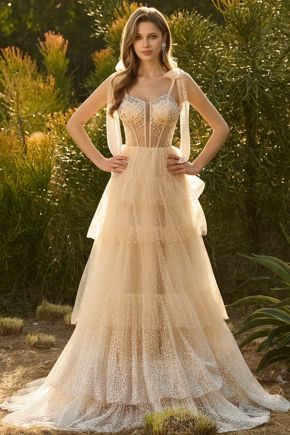 Champagne Corset A-Line Ruffled Beaded Long Prom Dress with Lace-Up Back