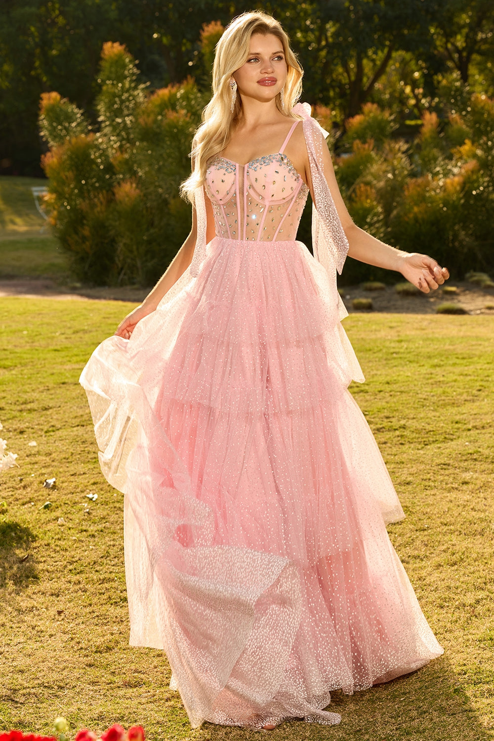 Champagne Corset A-Line Ruffled Beaded Long Prom Dress with Lace-Up Back