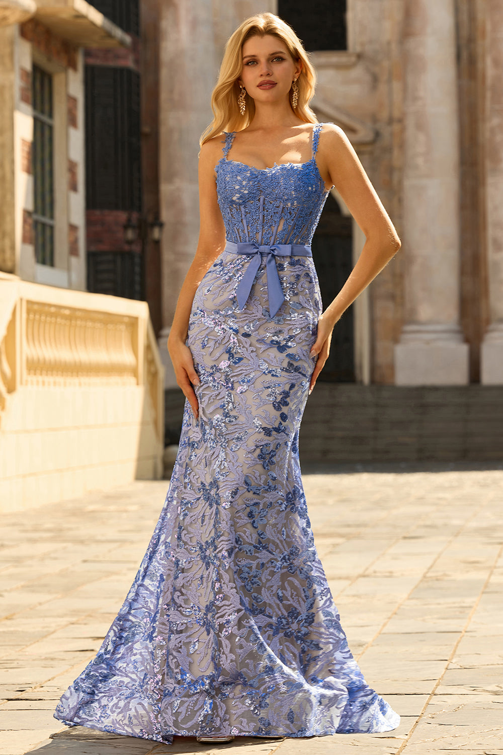 Mermaid Gray Blue Corset Appliqued Sequin Long Prom Dress with Bow
