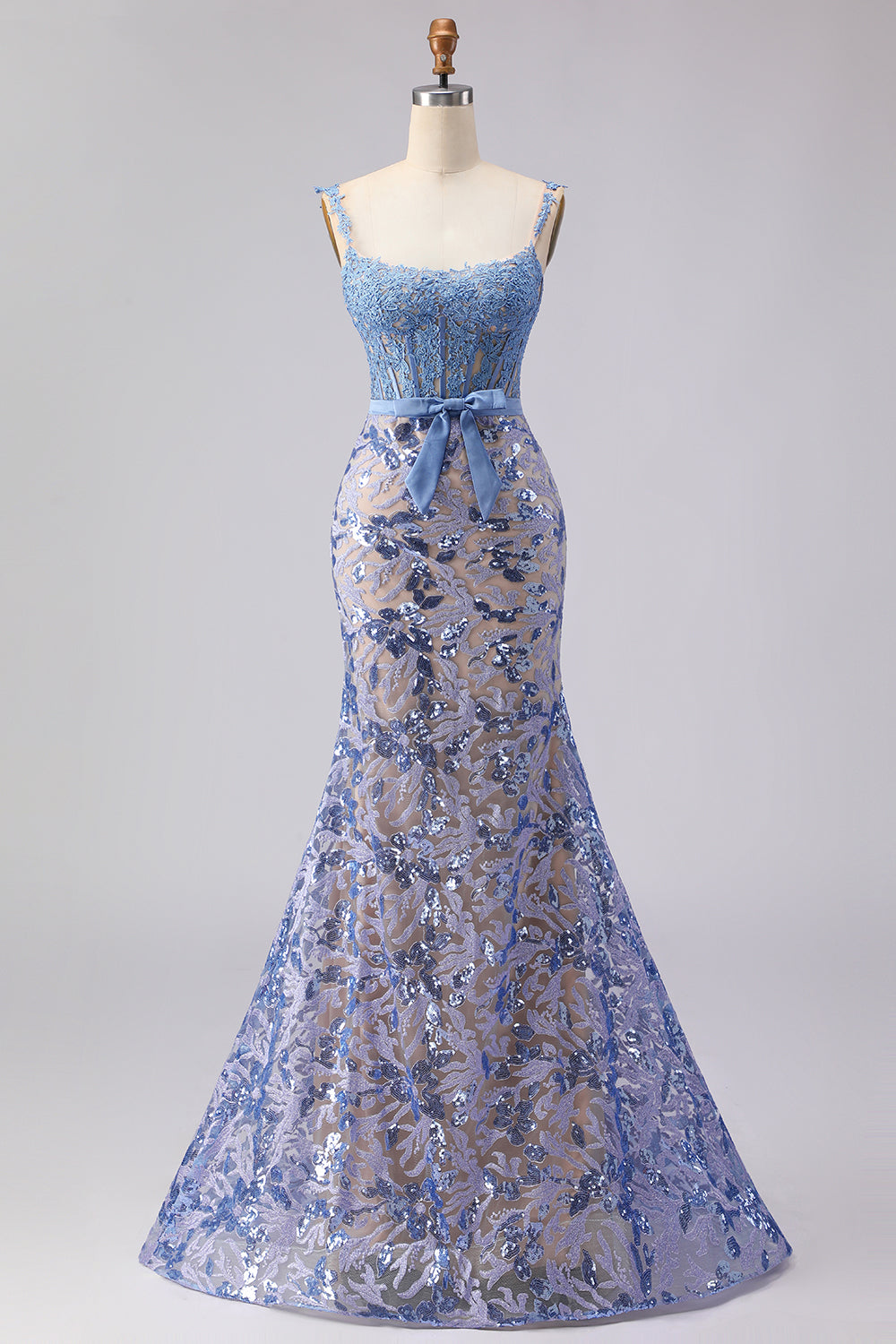 Mermaid Gray Blue Corset Appliqued Sequin Long Prom Dress with Bow