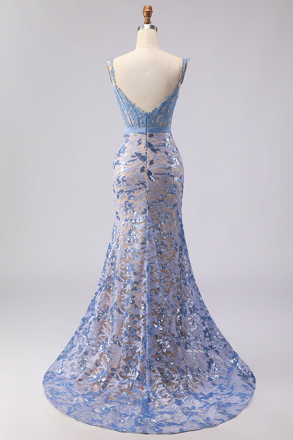 Mermaid Gray Blue Corset Appliqued Sequin Long Prom Dress with Bow