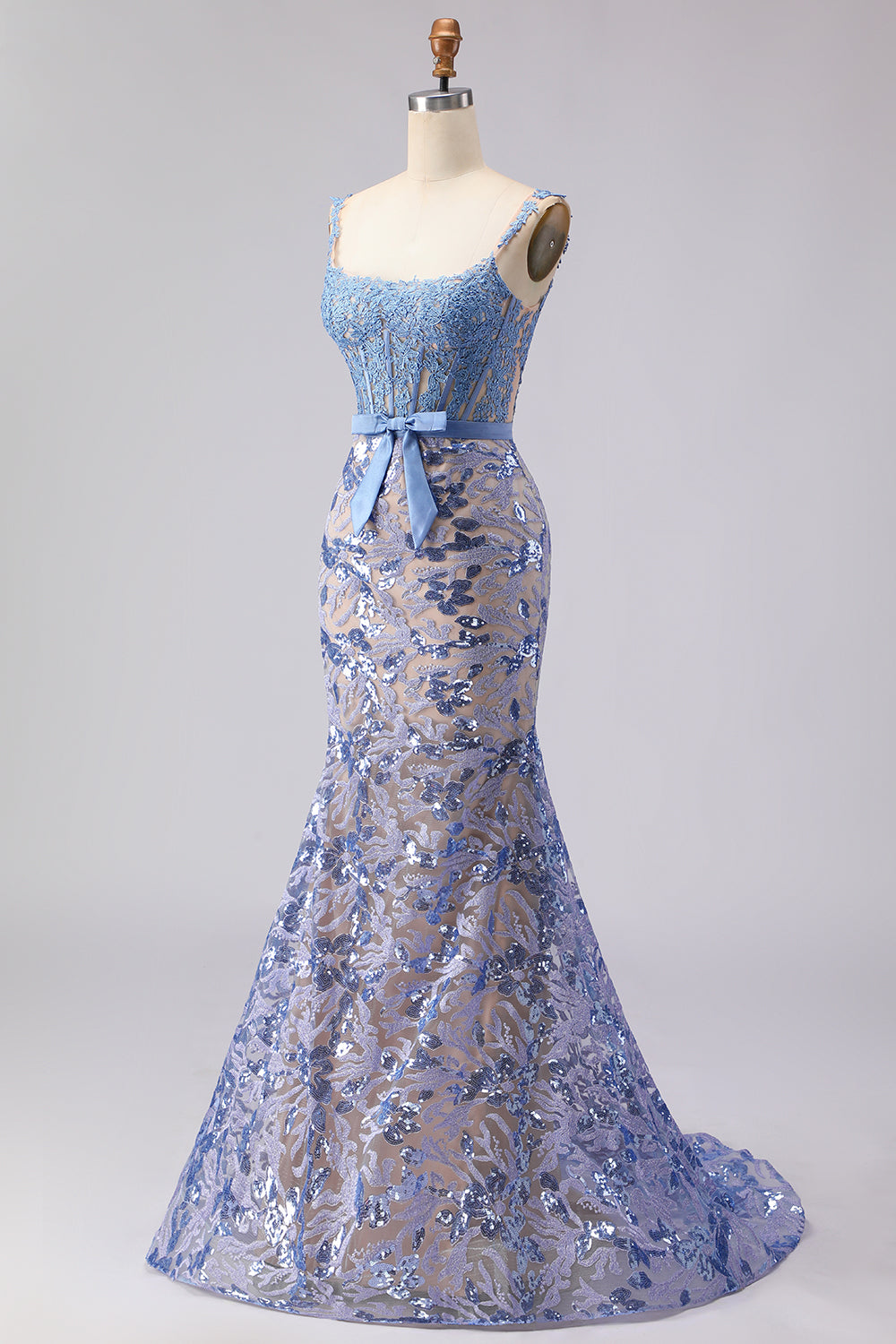 Mermaid Gray Blue Corset Appliqued Sequin Long Prom Dress with Bow