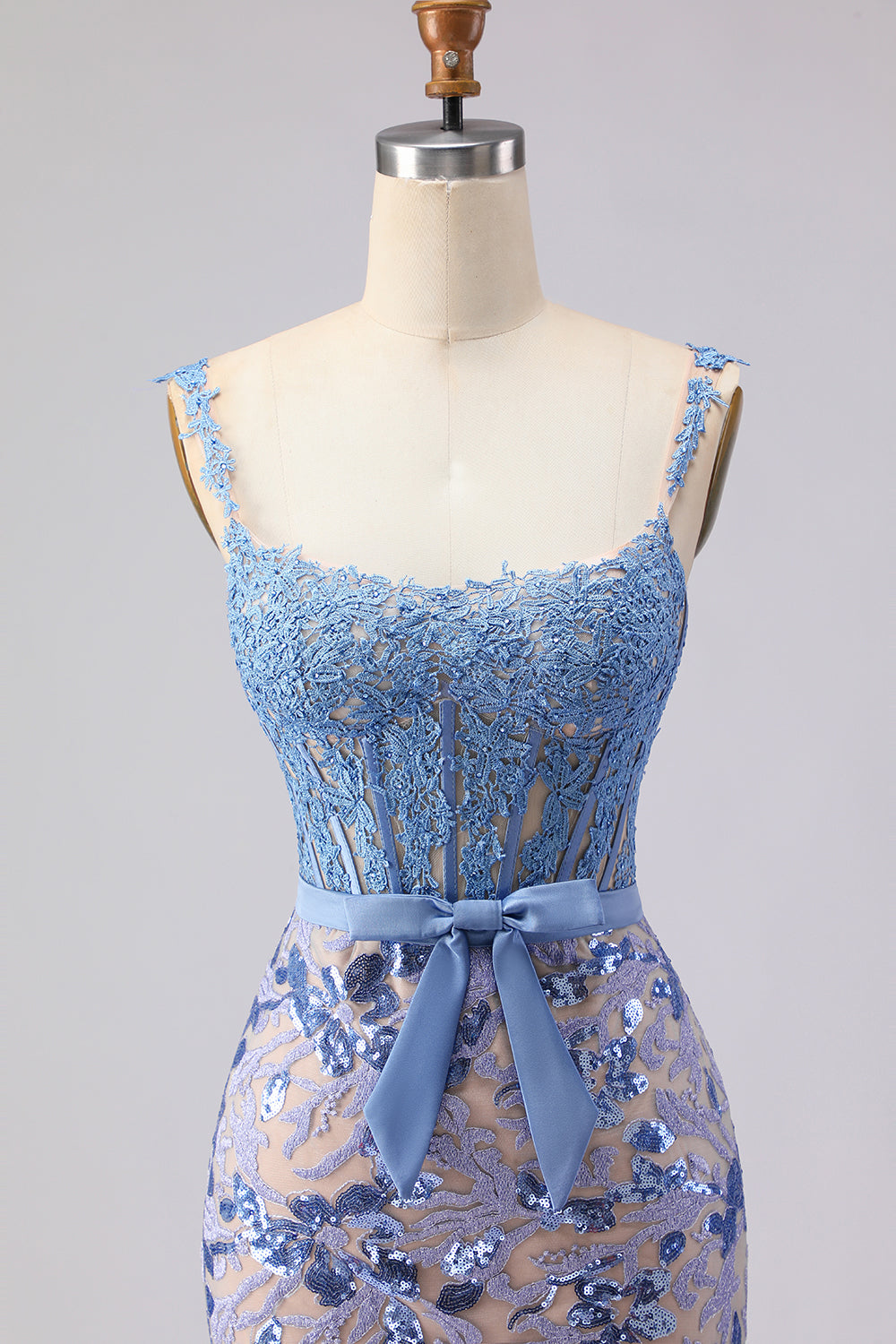 Mermaid Gray Blue Corset Appliqued Sequin Long Prom Dress with Bow