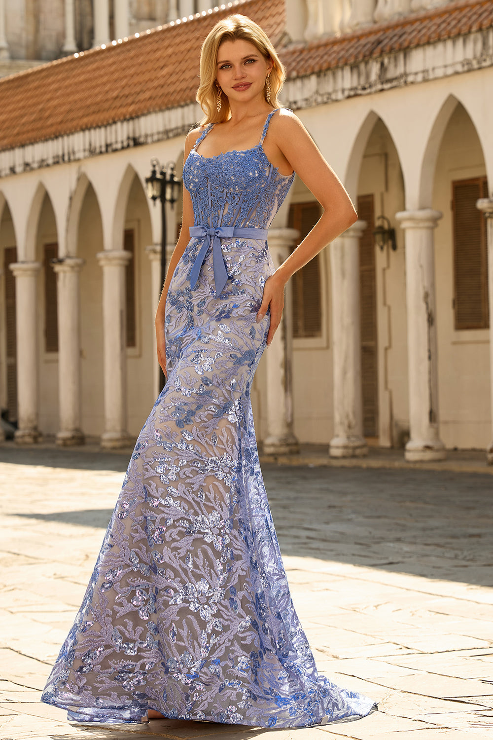 Grey Blue Mermaid Corset Sequin Beaded Long Prom Dress with Bow