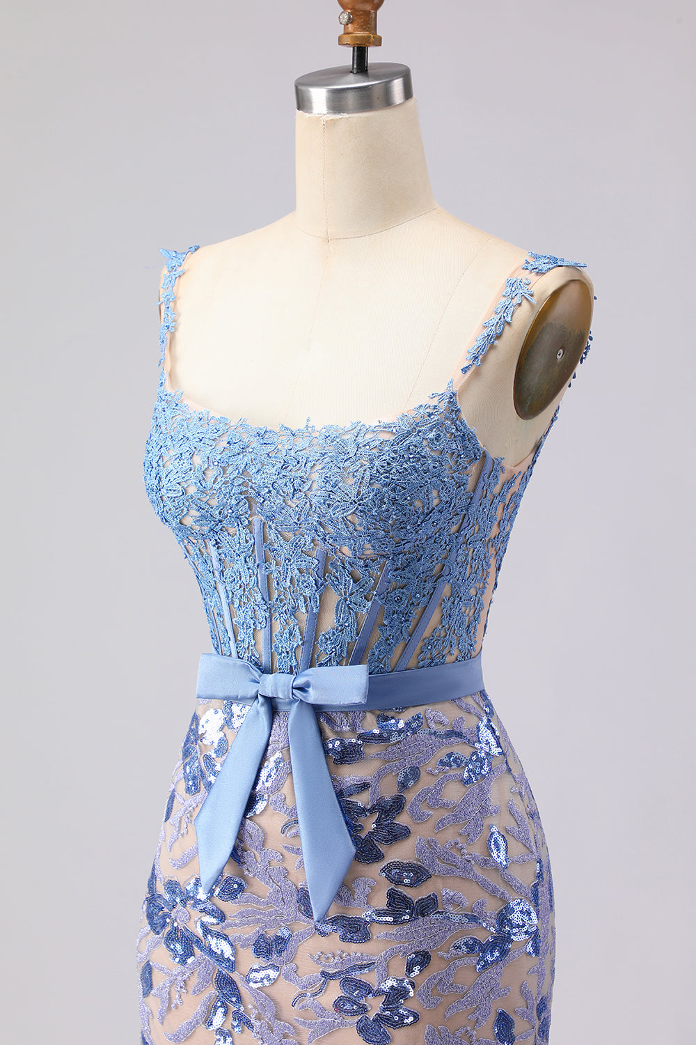 Mermaid Gray Blue Corset Appliqued Sequin Long Prom Dress with Bow