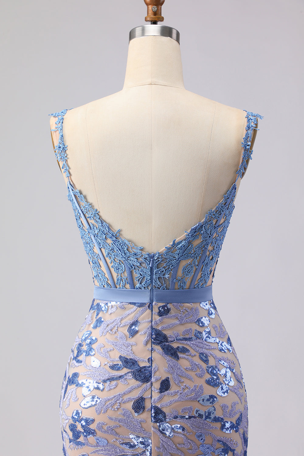 Mermaid Gray Blue Corset Appliqued Sequin Long Prom Dress with Bow