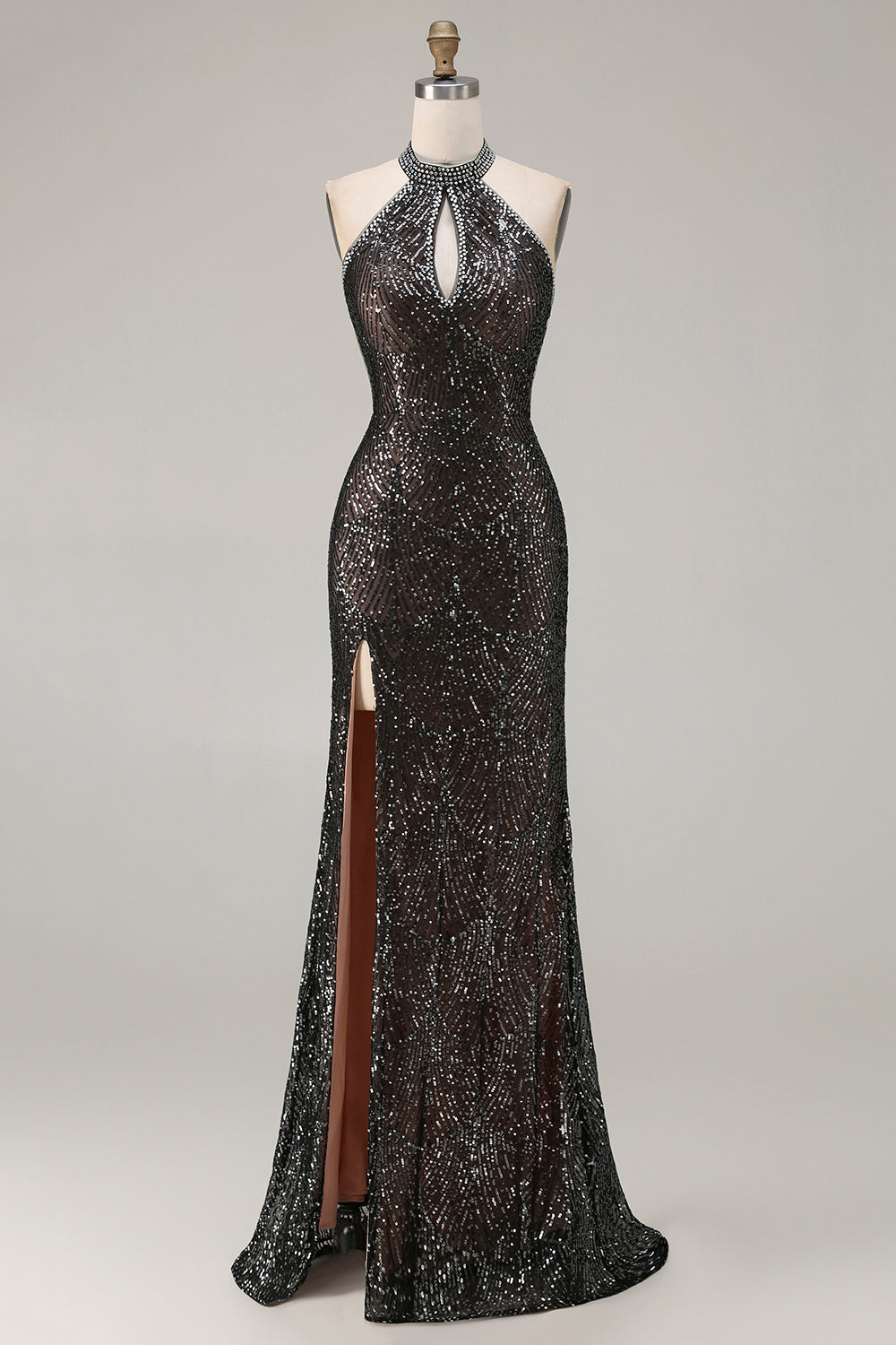 Robe longue de bal sirène champagne à paillettes avec dos nu, perles et fente