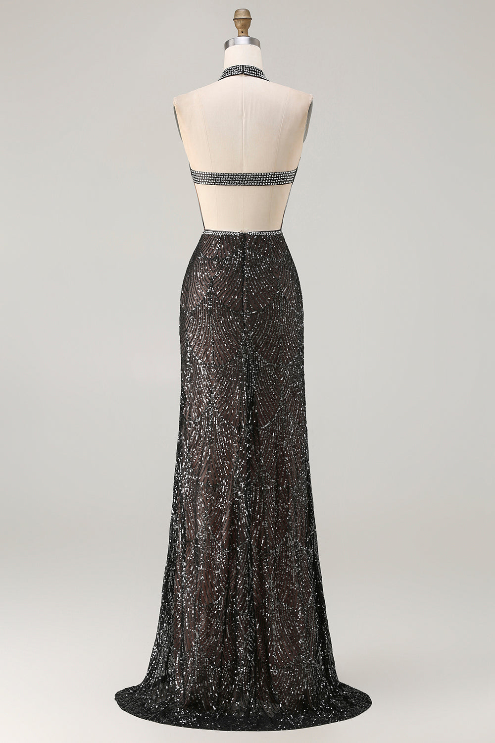 Robe longue de bal sirène champagne à paillettes avec dos nu, perles et fente