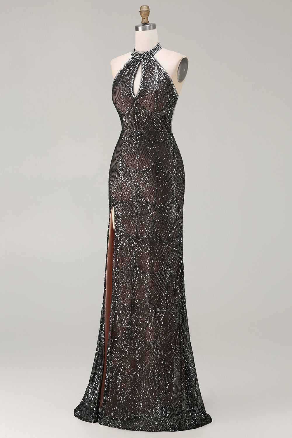 Robe longue de bal sirène champagne à paillettes avec dos nu, perles et fente