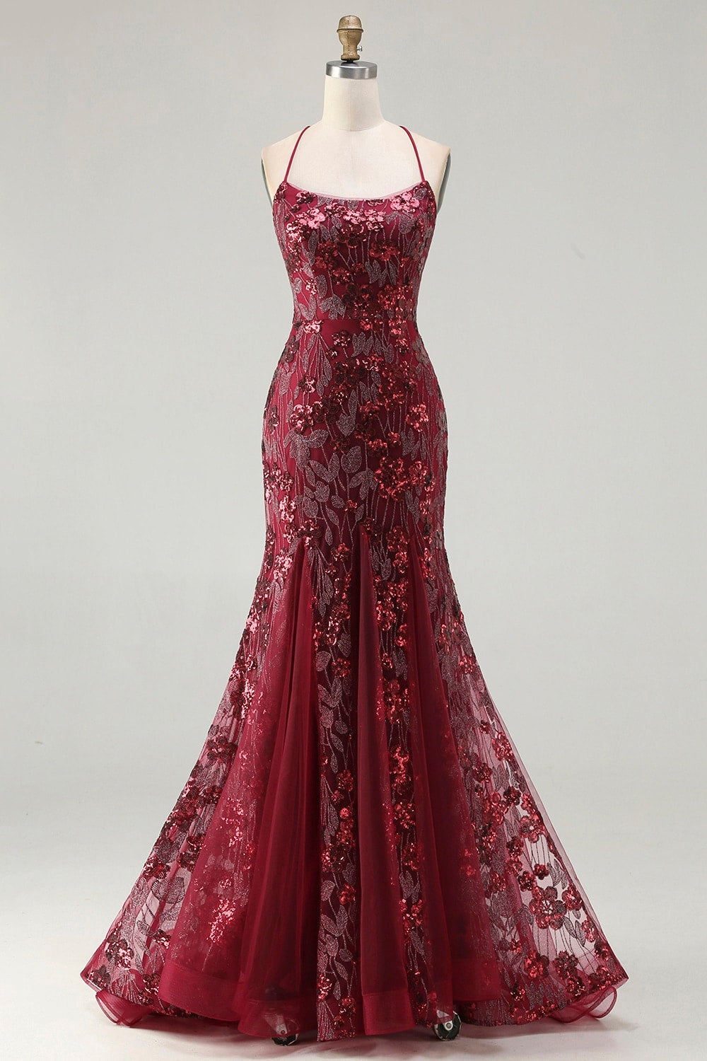 Sparkly Rose Gold Mermaid Lace-Up Back Long Prom Dress with Sequins