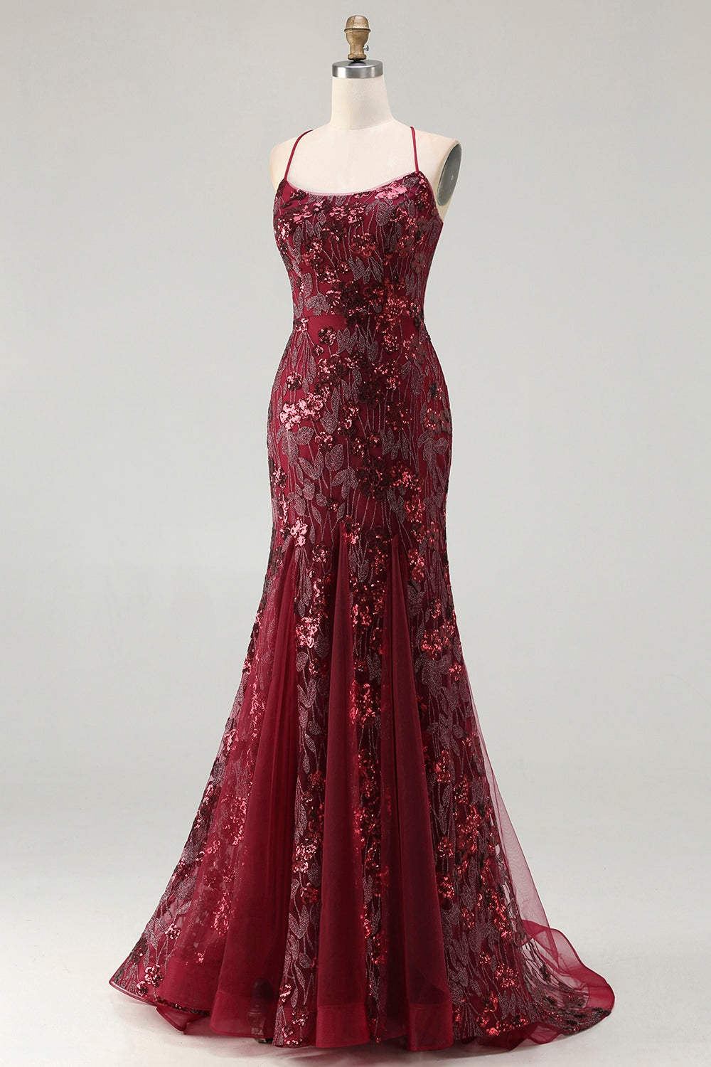 Sparkly Rose Gold Mermaid Lace-Up Back Long Prom Dress with Sequins