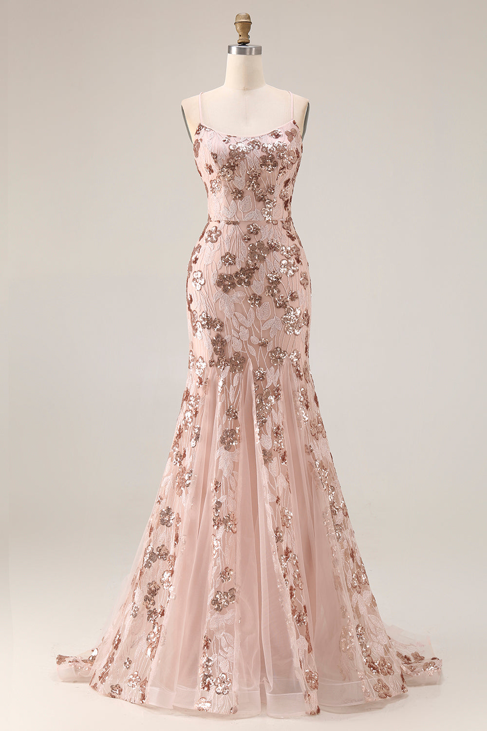 Sparkly Rose Gold Mermaid Lace-Up Back Long Prom Dress with Sequins