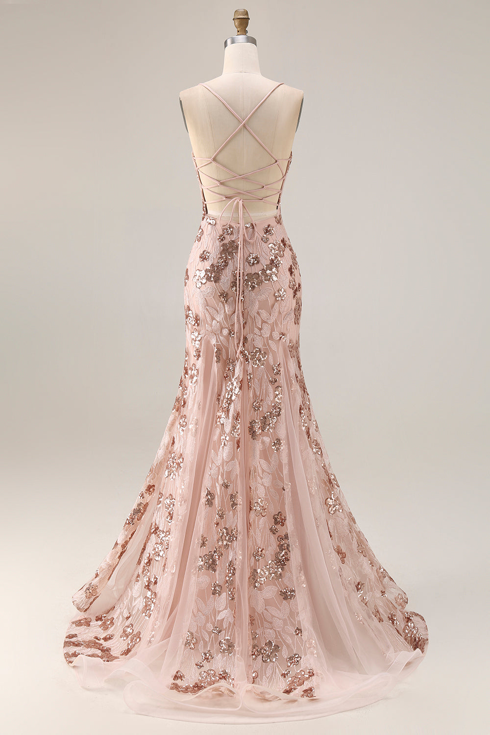 Sparkly Rose Gold Mermaid Lace-Up Back Long Prom Dress with Sequins