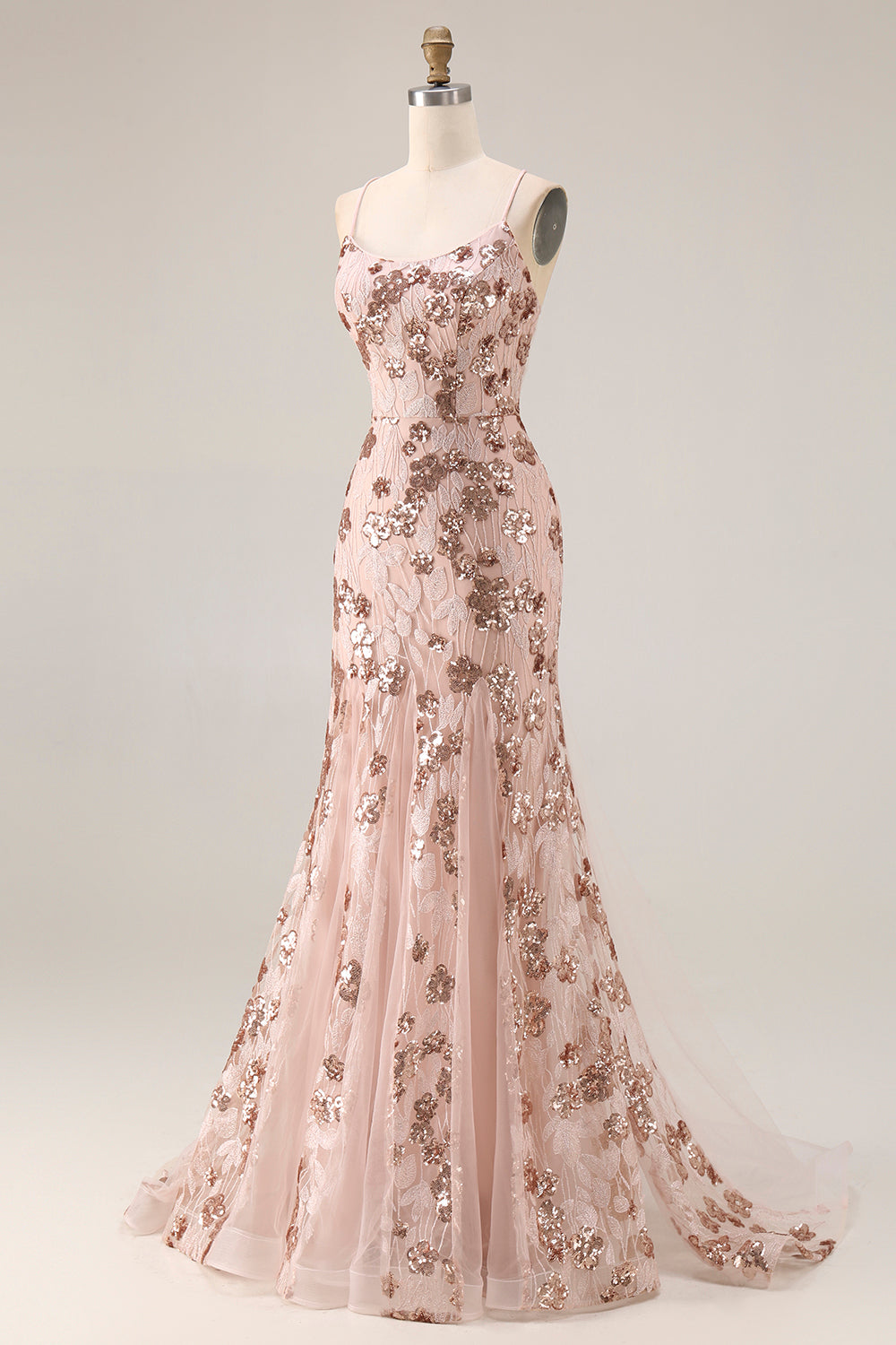 Sparkly Rose Gold Mermaid Lace-Up Back Long Prom Dress with Sequins