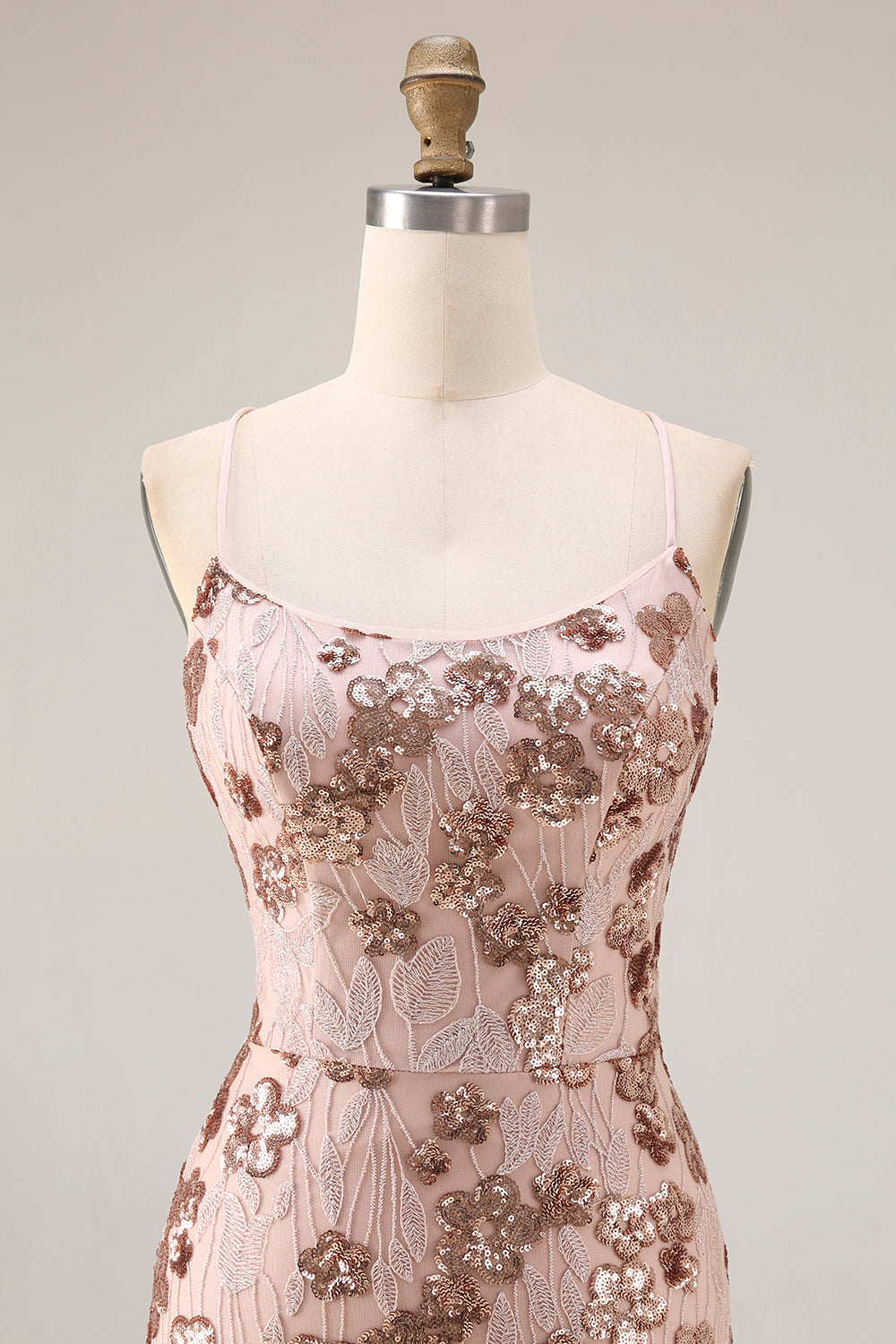 Sparkly Rose Gold Mermaid Lace-Up Back Long Prom Dress with Sequins
