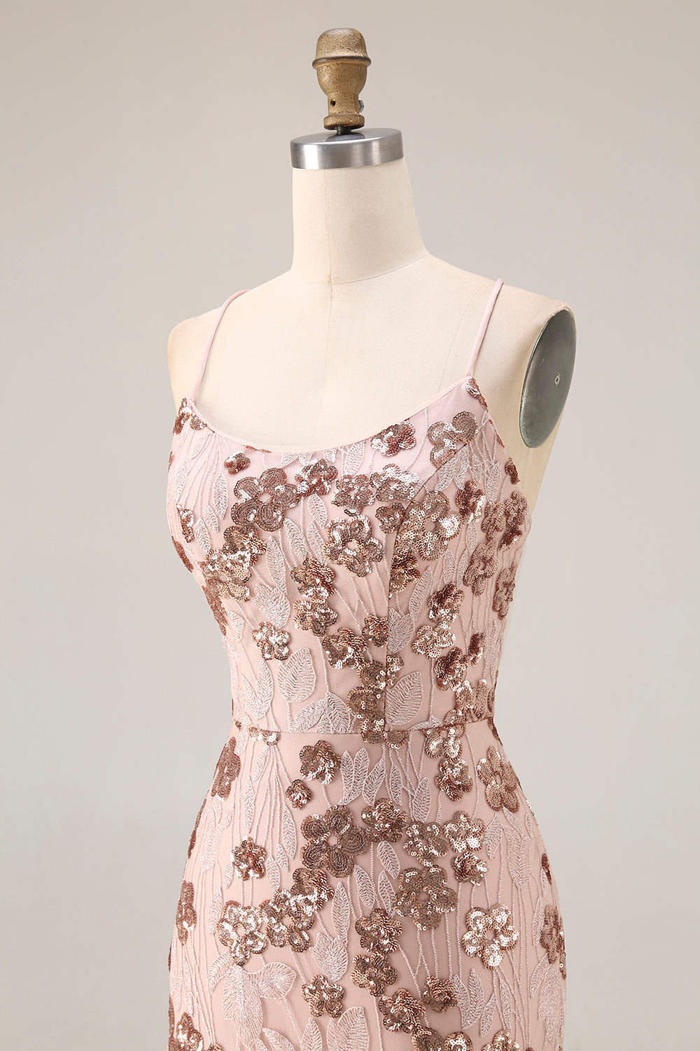 Sparkly Rose Gold Mermaid Lace-Up Back Long Prom Dress with Sequins